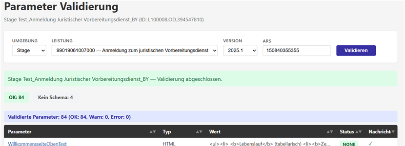 Darstellung der Validierung der Online-Dienst-Parameter