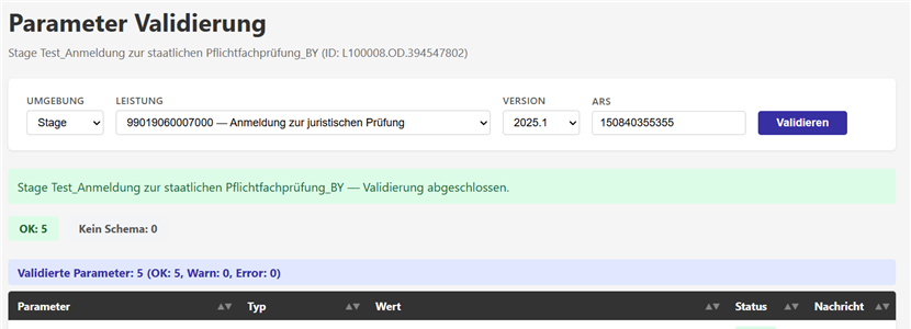 Darstellung der Validierung der Online-Dienst-Parameter